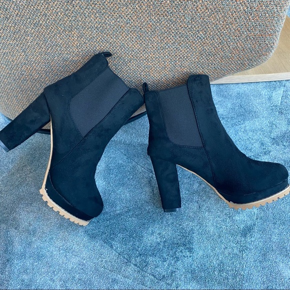 Black Platform Heel Suede Chelsea Ankle Boot with Brown Rubber Sole - Picture 3 of 4